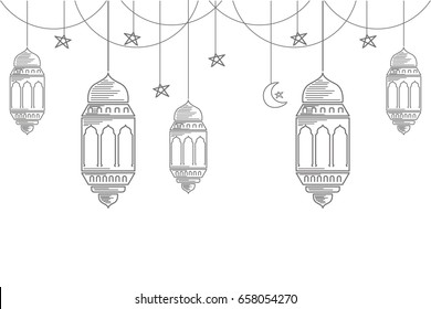 eid mubarak lantern on white background with moon, star and line art style