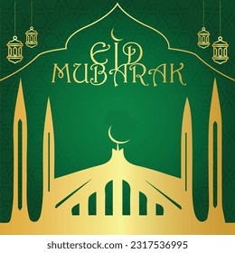 Eid mubarak with lanterns and mosque  vector Poster premium design.  "Eid Mubarak" greeting means "blessed celebration" vector Poster Template.