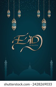 Eid Mubarak letter style vector design, Ramadan Mubarak English and Arabic calligraphy, flyer design, eid 2024 greeting background,
islamic design crescent moon 