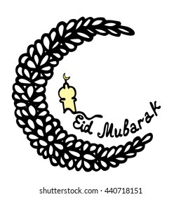 Eid Mubarak lettering with abstract moon on the white background