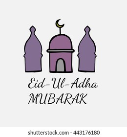 Eid Mubarak lettering with abstract mosque on the white background