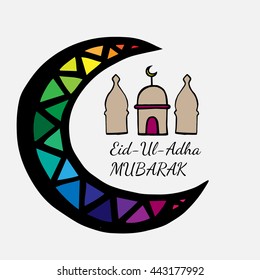 Eid Mubarak lettering with abstract mosque and moon on the white background