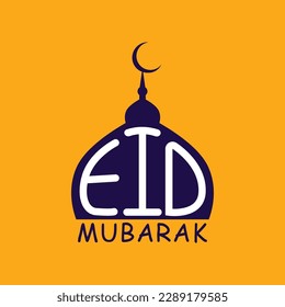 Eid Mubarak lettering design on a mosque shape. Creative typography for islamic religious holiday Eid Ul Fitre. Eid typography on orange background.