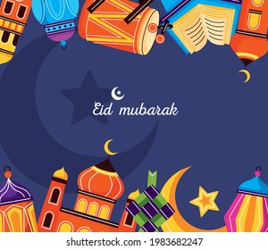eid mubarak lettering with icons frame