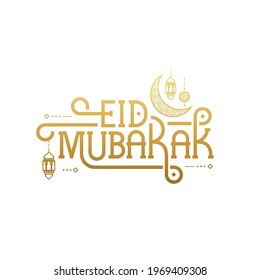 Tipografía con letras de Eid mubarak con linterna y mezquita. Traducción del texto árabe: Que Alá siempre nos dé bondad a lo largo del año y para siempre