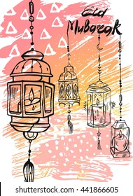 Eid Mubarak lettering,hand draw abstract greeting background.Eid background,eid greetings card,eid card,shiny lamps,eid celebration,eid al adha.