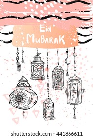 Eid Mubarak lettering,hand draw abstract greeting background.Holiday,muslim community festival greeting card template