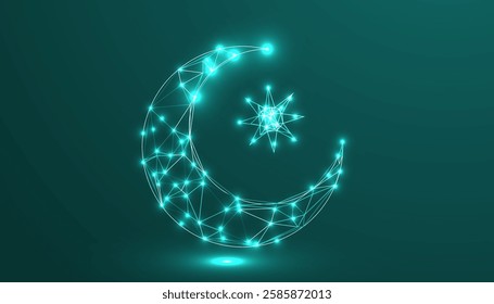 Eid Mubarak Low Poly Background – Futuristic Islamic Design Featuring Glowing Crescent Moon, Wireframe Hand, Blue Night Sky, and Sparkling Digital Lights