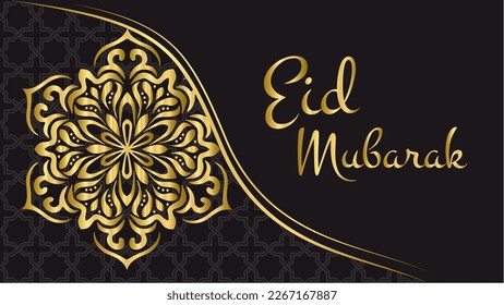 Eid mubarak. Diseño islámico de fondo de lujo con letras en color dorado y adorno. Adecuado para la celebración del mes de Eid Alfitr y Eid Adha en la comunidad musulmana.