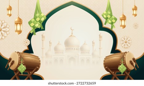 Fondo islámico de lujo de Eid Mubarak con mezquita, bidón y ketupat