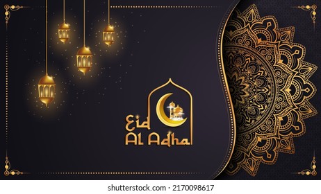 Eid Mubarak in luxury style with golden mandala on dark background for Ramadan Mubarak