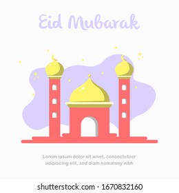 Eid Mubarak Message with Mosque art flat illustration vector design. Can be used for poster, banner, greeting card, invitation card, background, wallpaper.