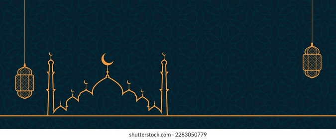 eid mubarak minimal banner with line style islamic mosque design vector