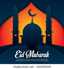 eid mubarak modern background, islamic vector illustration, 
the month of islamic one syawal of the hijriyah year, isolated with images of the shadow of the mosque and having twilight colors
