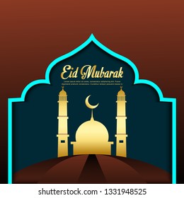 eid mubarak modern background, islamic vector illustration, 
the month of islamic one syawal of the hijriyah year, brightly colored mosques and above the mosque there is a crescent Islamic symbol that
