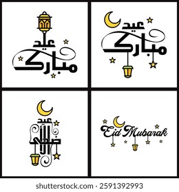 Eid Mubarak with Modern Calligraphy Colorful Moon Stars Lantern Ornaments Surly Vector