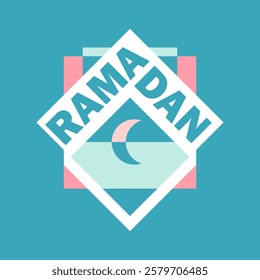 Eid Mubarak modern poster with a geometric design: crescent moon in a minimalist pastel palette, overlapping shapes in teal, pink, and white, with bold RAMADAN text in a diamond frame.