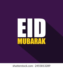 Tipografía moderna de Eid Mubarak con una larga sombra sobre fondo púrpura para celebrar la festividad del saludo musulmán. Eid ul-Fitr, Eid al Adha. Tarjeta de felicitación religiosa islámica de la fiesta.