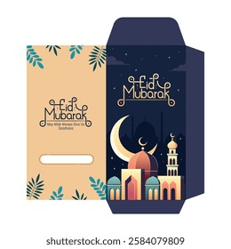 Eid Mubarak money envelope  packet template design words idul fitri with cute and colorful illustration. Indonesian Translation : Eid Mubarak