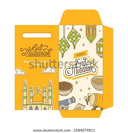 Eid Mubarak money envelope  packet template design words idul fitri with cute and colorful illustration. Indonesian Translation : Eid Mubarak