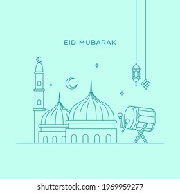 Eid mubarak monoline landscape  design with great mosque adzan drum and hanging lantern lamp vector illustration