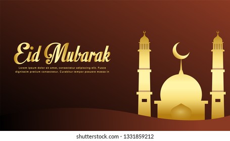 eid mubarak, the month of islam one syawal year hijriyah, illustrated with a beautiful and creative brown mosque, islamic vector illustration