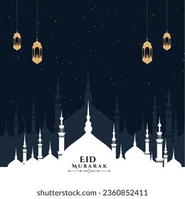 Eid mubarak moon and mosque beautiful background greeting design