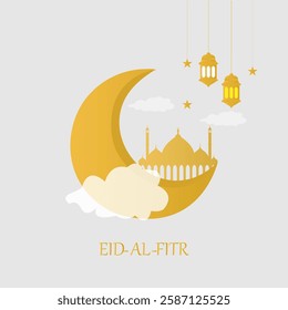 Eid mubarak moon and mosque, stay blessed realistic greeting wish card, vector illustration
