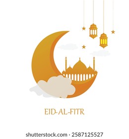 Eid mubarak moon and mosque, stay blessed realistic greeting wish card, vector illustration