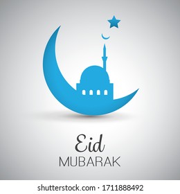 Eid Mubarak - Moon in the Sky - Greeting Card with Mosque for Muslim Community Festival

