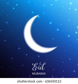 Eid Mubarak. Moon with smooth light and bokeh background. Islamic holiday card