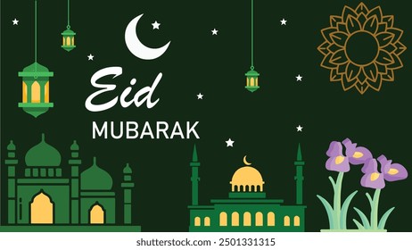 Eid Mubarak with moon, star, mosque, flower, pattern color blue, green, yellow eid mobarok