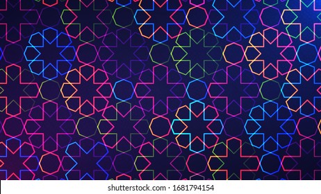 Eid Mubarak mosaic background. Vector illustration of abstract light background with glowing neon colored geometric islamic pattern for holy month of muslim community Ramadan Kareem