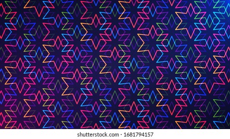 Eid Mubarak mosaic background. Vector illustration of abstract light background with glowing neon colored geometric islamic pattern for holy month of muslim community Ramadan Kareem