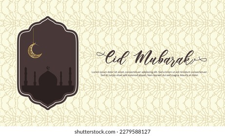 Eid Mubarak with mosque and crescent moon on beige background