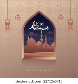 Eid Mubarak Mosque in Desert on the Night Window Design Gold Color
