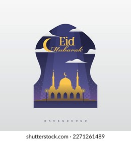 Plantilla de diseño de mezquita Eid Mubarak con color azul morado estilo corte de papel