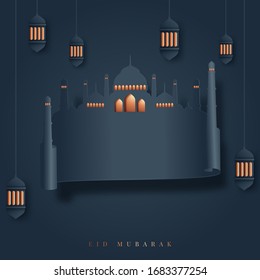 Eid Mubarak mosque dome papercut style. Vector illustration