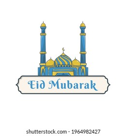 Eid Mubarak With Mosque Icon Vector. Label Banner, Sticker, Badge, Ads Pop Up Banner