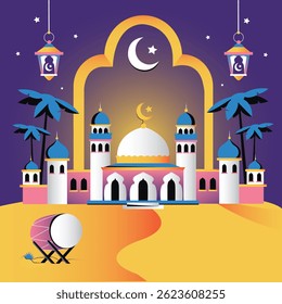 Ilustración de la mezquita de Eid Mubarak con luna creciente y linternas