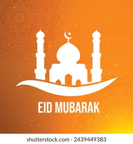 Eid Mubarak with mosque isloated on orange yellow gardient background. 