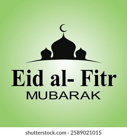 Eid Mubarak Mosque and Lanterns on Green Background