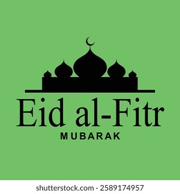 Eid Mubarak Mosque and Lanterns on Green Background