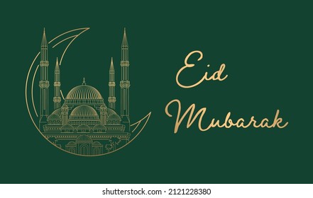 Eid Mubarak with Mosque Line Art Style Vector Illusration