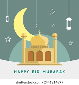 Eid mubarak mosque moon star lantern lamp happy greeting image vector illustration