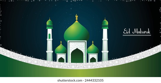 Eid Mubarak mosque in night sky with glowing stars vector poster