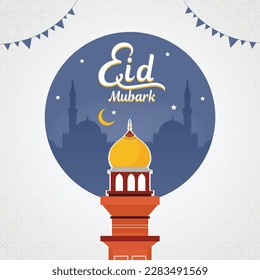 Eid Mubarak ,mosque night view from arch. Arabic design background. greeting card post. Vector illustration. Eid theme illustration. Eid ul fitr. Eid ul Adha