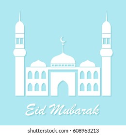 Eid Mubarak with mosque on a blue background. Greeting card concept