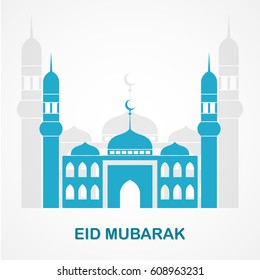 Eid Mubarak with mosque on a grey background. Greeting card concept