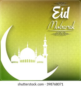 Eid Mubarak with mosque over crescent moon on green background.Vector
